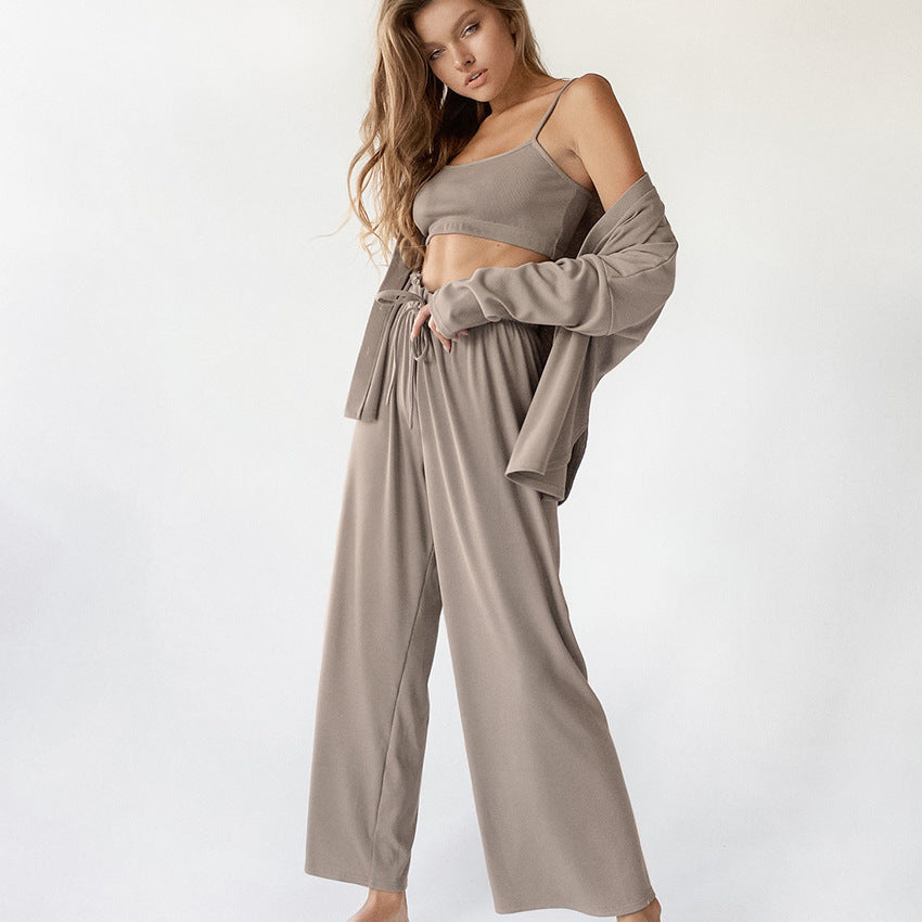 Women's Fashion Solid Color Pajamas Undershirt Three-piece Set