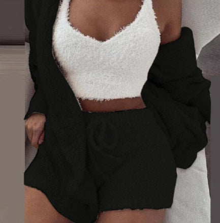 3-teiliges Damen-Bekleidungsset Langarm Crop-Tanktop und Kordelzug-Shorts Schlafanzug-Set
