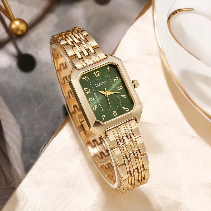 Elegantes quadratisches Damen-Quarzuhr-Set mit Herzanhänger – luxuriöses Zifferblatt in Goldoptik