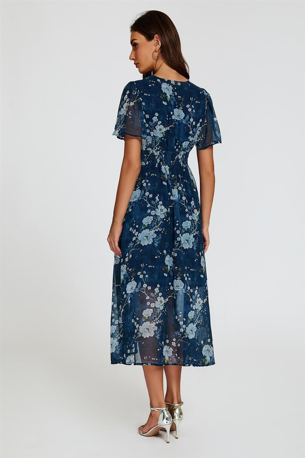 Geblümtes Midikleid mit V-Ausschnitt in Marineblau
