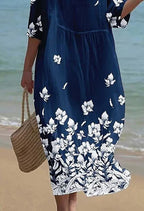 Damen lässiges Rundhals-Kleid aus Baumwolle und Leinen mit halbem Ärmel und Print