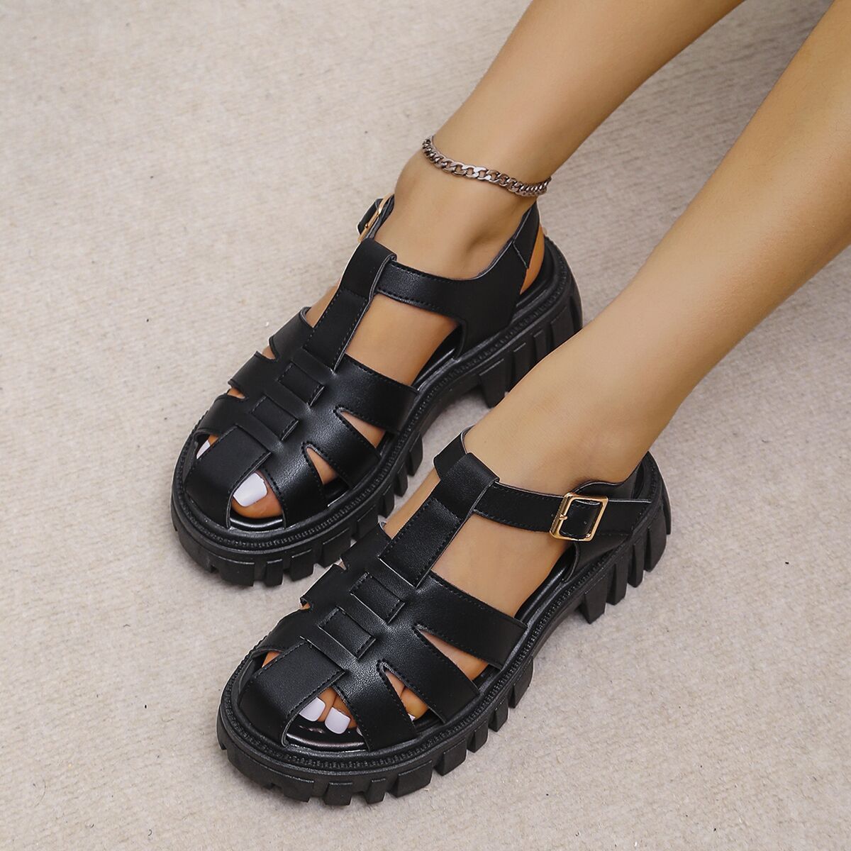 Korean Style Round Toe Ankle-strap Buckle Closed Toe Flat Hollowed