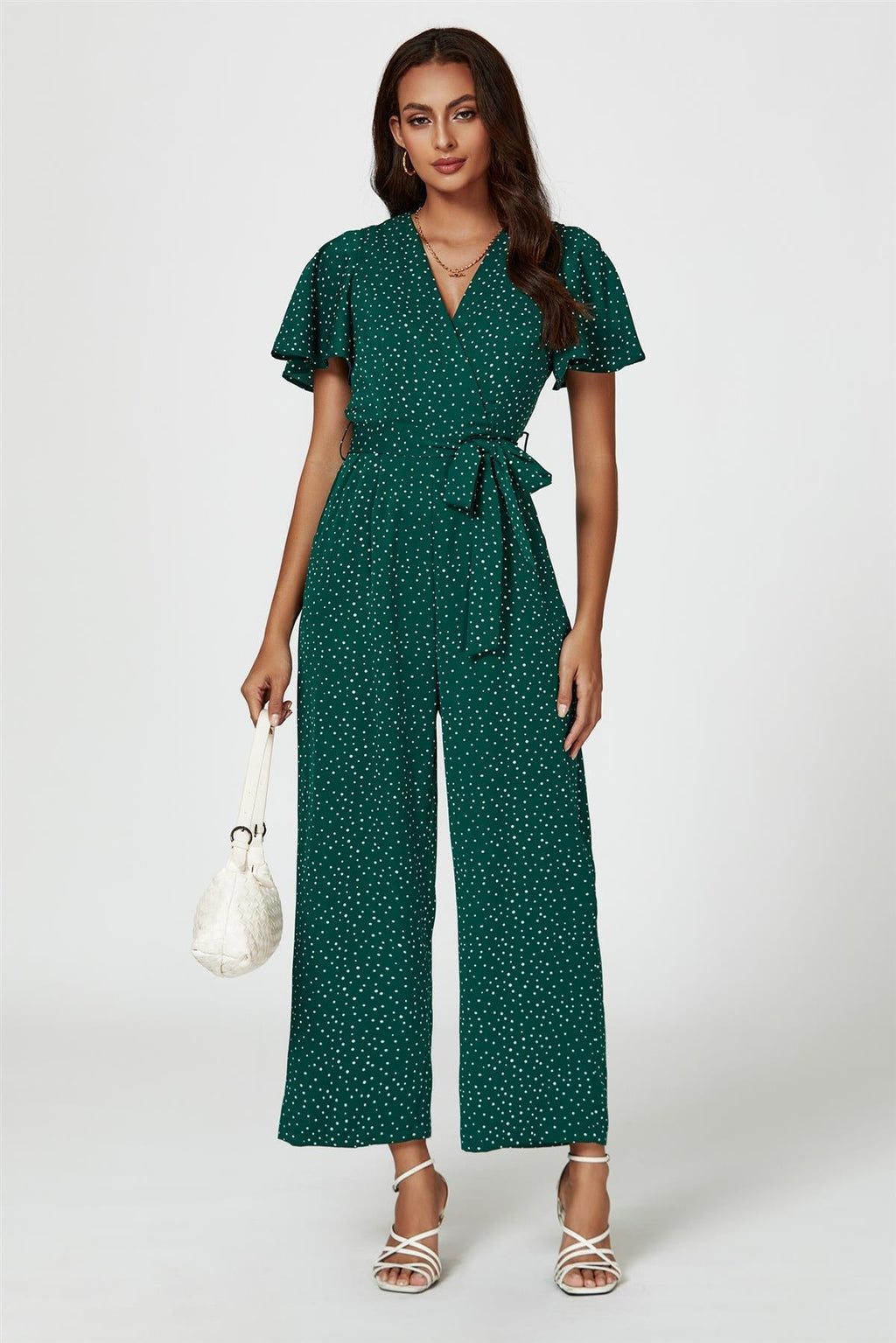Gepunkteter Wickel-Jumpsuit in Grün