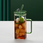 1 Pcs Pink Glass Straw Cup, 6 Colors Square Glass Cup With Straw And Lid, High Borosilicate Glass Cup, Milk Cup, Juice Cup, Cold Drink Cup, Coffee Cup, Tea Cup, Office Cup, Gift Cup