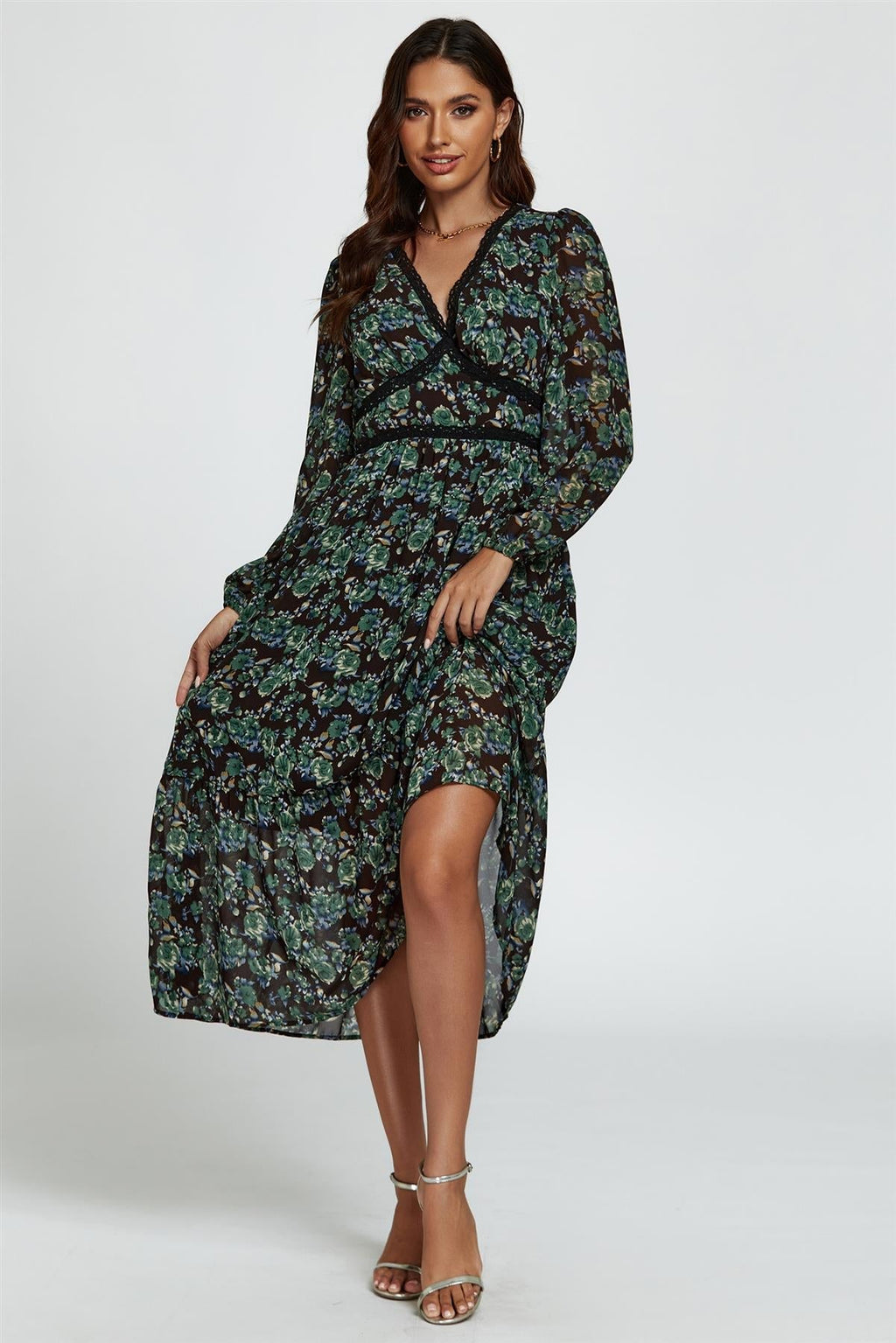 Geblümtes Langarm-Midikleid in Braun