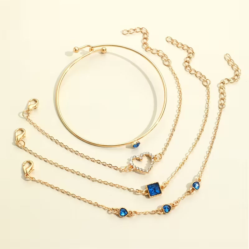 4-teiliges Armbandset aus Legierungskette und Steinen, minimalistisch, herzförmig, quadratisch, Retro-elegant