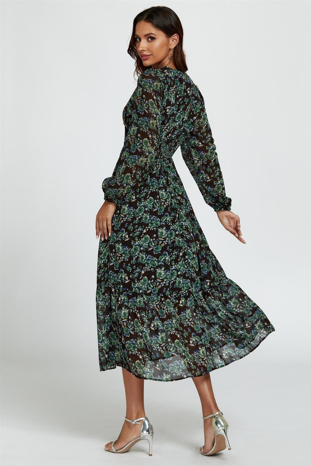 Geblümtes Langarm-Midikleid in Braun