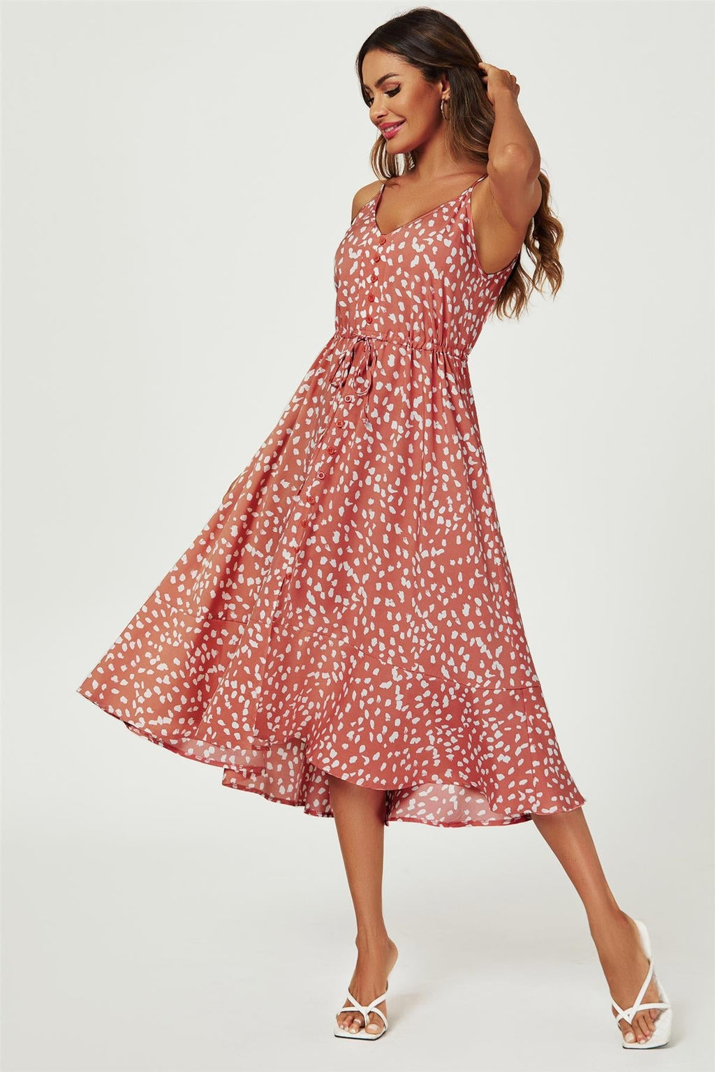 Dunkelrotes Vokuhila-Kleid mit Knopfleiste und Trägern