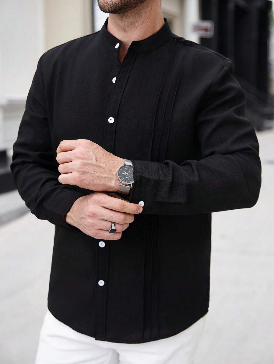 Mens SpringAutumn Small Stand Collar Striped Cardigan Solid Color Long-Sleeve Shirt