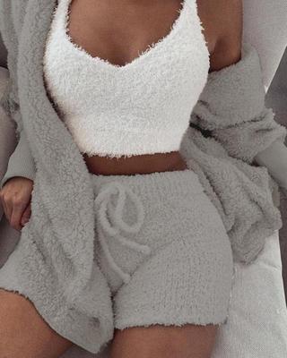 3-teiliges Damen-Bekleidungsset Langarm Crop-Tanktop und Kordelzug-Shorts Schlafanzug-Set