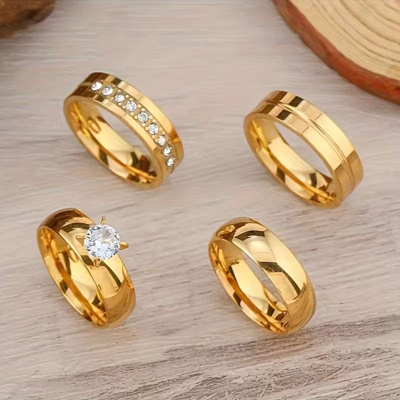 4-teiliges modisches Edelstahlring-Set, schlichte Retro-Ringe, bunte Steine