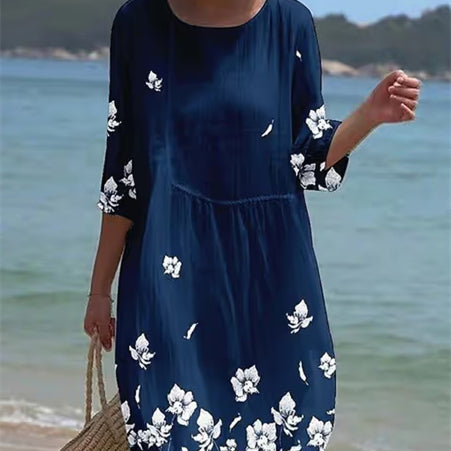Damen lässiges Rundhals-Kleid aus Baumwolle und Leinen mit halbem Ärmel und Print