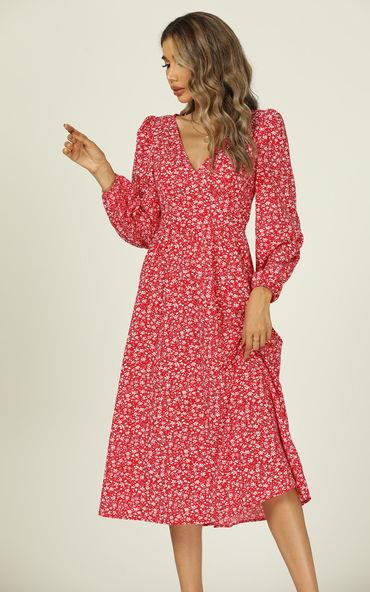 Robe mi-longue rouge à imprimé floral, col en V et manches longues, avec patte de boutonnage