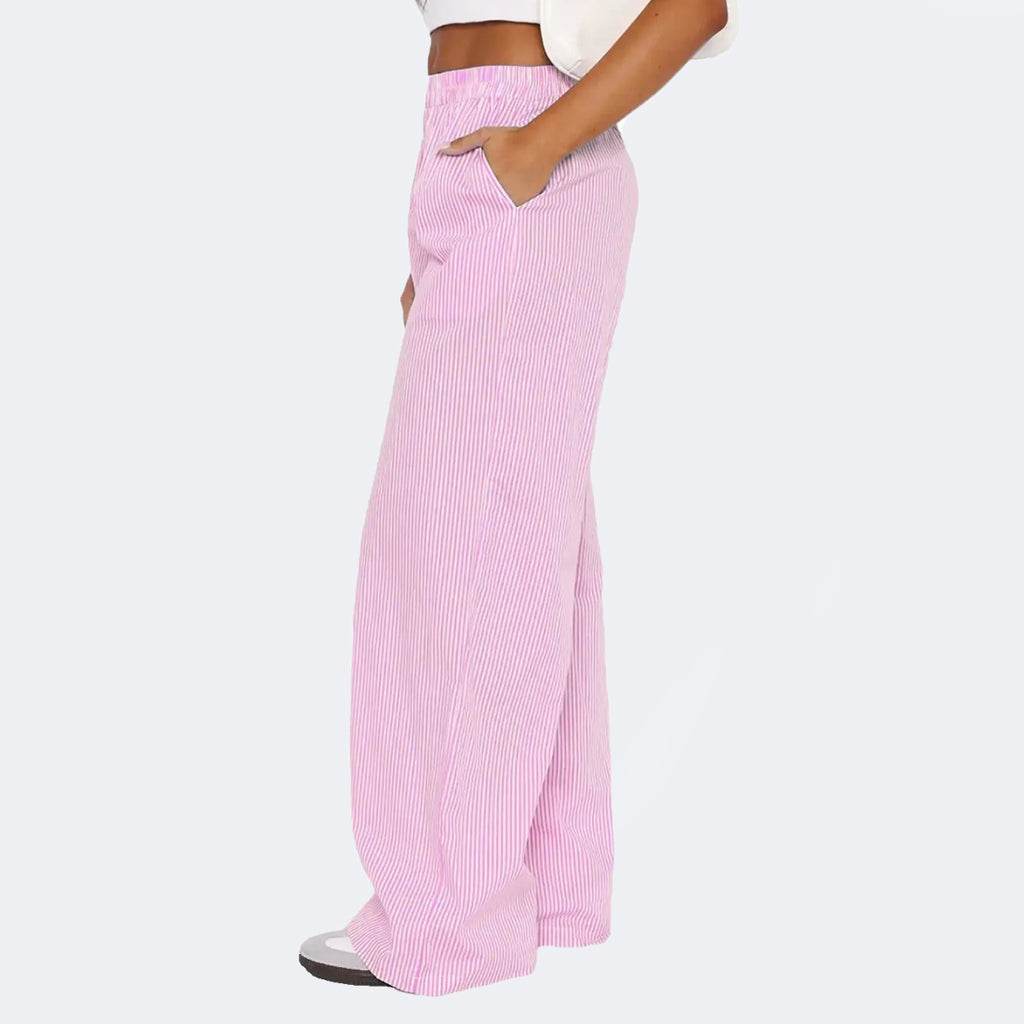 Gestreifte Hose mit Taschen, im Mode-Stil, lässige weite gerade Hose, Damenbekleidung