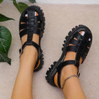 Korean Style Round Toe Ankle-strap Buckle Closed Toe Flat Hollowed