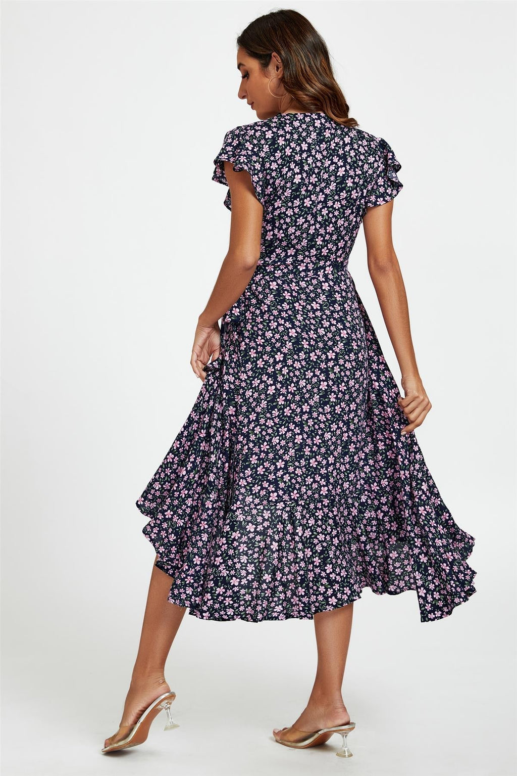 Marineblaues Midi-Wickelkleid mit Blumenrüschenärmeln
