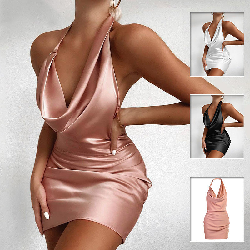 Robe de soirée en satin Col en V Dos nu Sans manches Mini Robe de soirée d'été