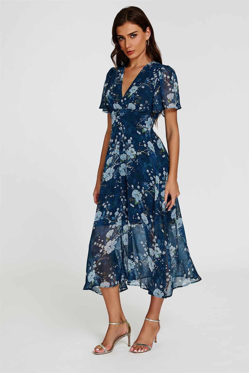 Geblümtes Midikleid mit V-Ausschnitt in Marineblau