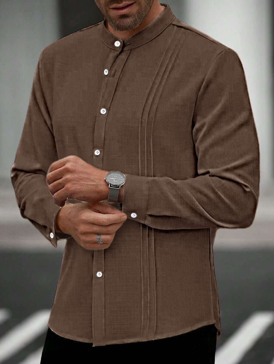 Mens SpringAutumn Small Stand Collar Striped Cardigan Solid Color Long-Sleeve Shirt