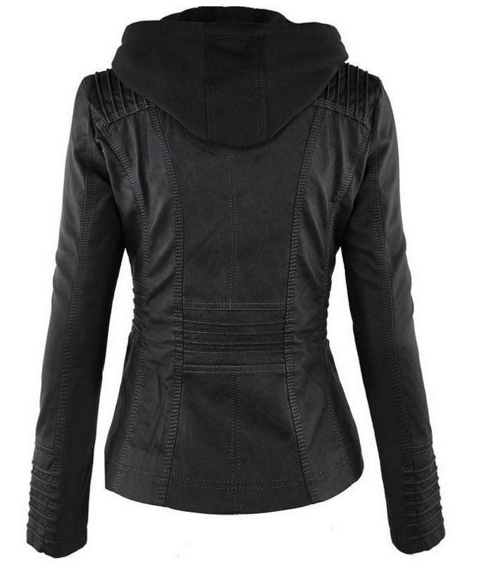 Mode Veste en cuir à capuche détachable avec poches Casual Uni Fermeture éclair Manches longues Veste en cuir Automne Hiver Vêtements pour femmes