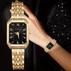 Elegantes quadratisches Damen-Quarzuhr-Set mit Herzanhänger – luxuriöses Zifferblatt in Goldoptik