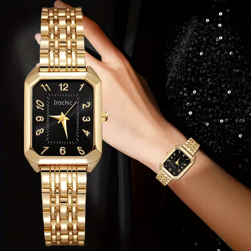 Elegantes quadratisches Damen-Quarzuhr-Set mit Herzanhänger – luxuriöses Zifferblatt in Goldoptik