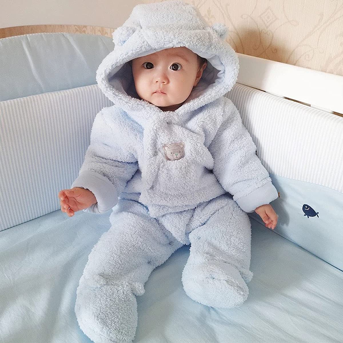 Baby Winter Schneeanzug Baby Strampler, Junge und Mädchen Einteiliger Anzug mit Kapuze, Kleinkind Oberbekleidung Schneeanzug Set Dick und Warm,Blau 3-6 Monate