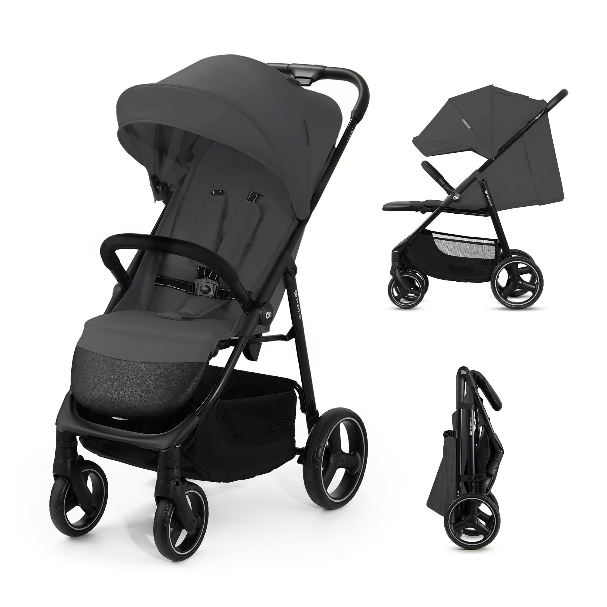 Kinderkraft TRIG 3 Kinderwagen, Kinderbuggy, Liegewagen, Sportwagen, Buggy, Zusammenklappen, Breite und tiefe Sitz, mit Liegeposition, 4 Rad Dämpfung, Große Dach, 5-Punkt-Gurt, bis zu 25 kg, Beige