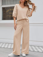Fisoew Womens 2 Piece Outfits Casual V Neck Shirts Wide Leg Running Long Pants Loose Workout Tracksuit Sets