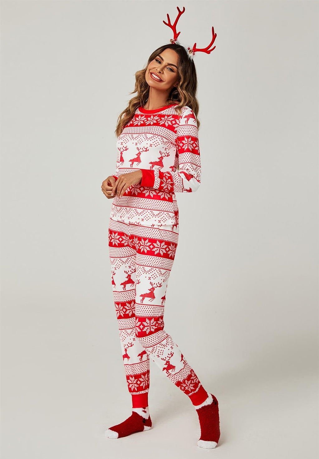 Weihnachts-Sweatshirt-Set mit Hose, Pyjama-Set in Weiß & Rot mit Schnee-Rentier-Motiv