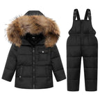 Kinder Daunenjacke Schneeanzug mit Künstliches Fell Kaputze Bekleidungsset Mädchen Jungen Verdickte Winterjacke + Skihose Daunenhose Kinderskianzug, Schwarz 4-5 Jahre