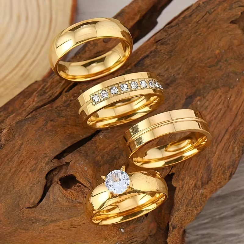 4-teiliges modisches Edelstahlring-Set, schlichte Retro-Ringe, bunte Steine