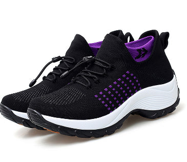 Chaussures pour femmes grande taille Hautement élastiques Tissées volantes Respirantes Baskets de sport Chaussettes