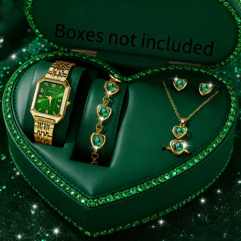 Elegantes quadratisches Damen-Quarzuhr-Set mit Herzanhänger – luxuriöses Zifferblatt in Goldoptik