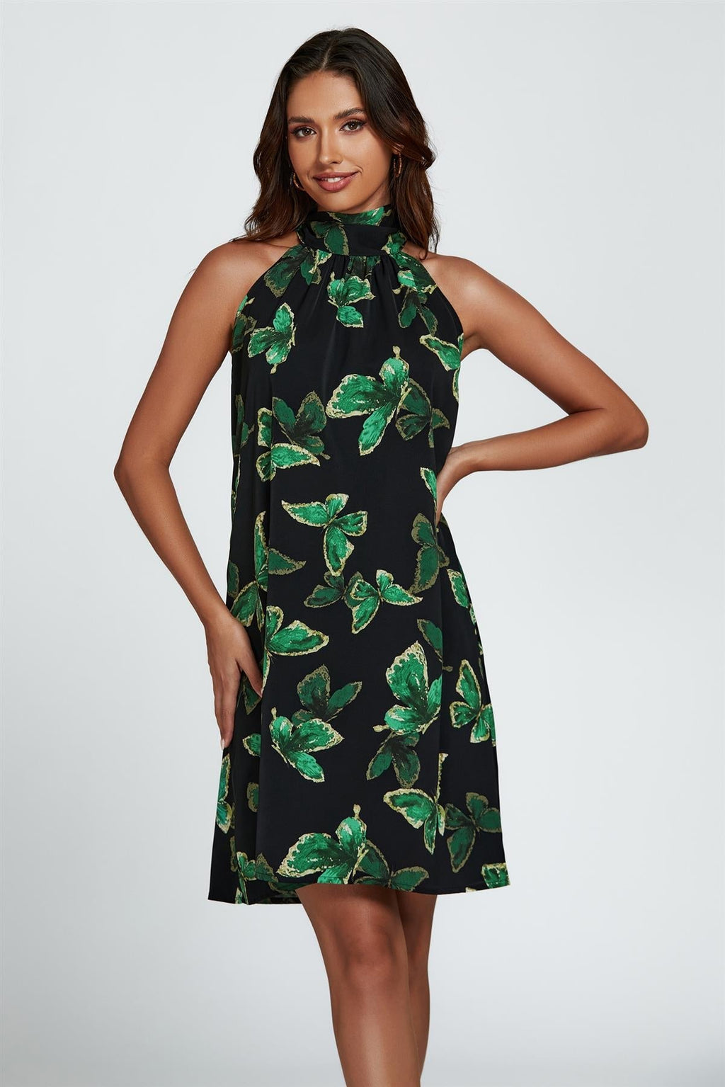 Grünes Neckholder-Minikleid mit Schmetterlingsdruck und Rückenbindung