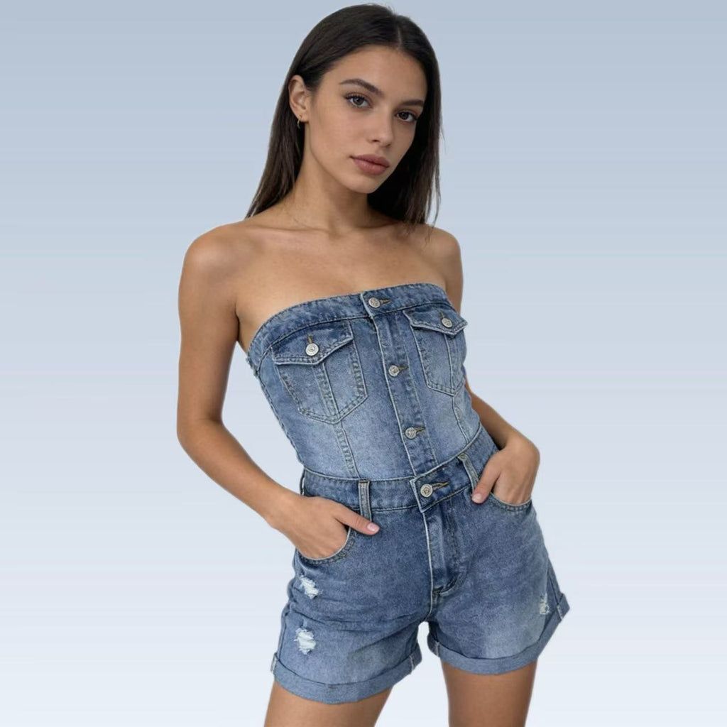 Short en jean décontracté pour femme, style rétro et usé