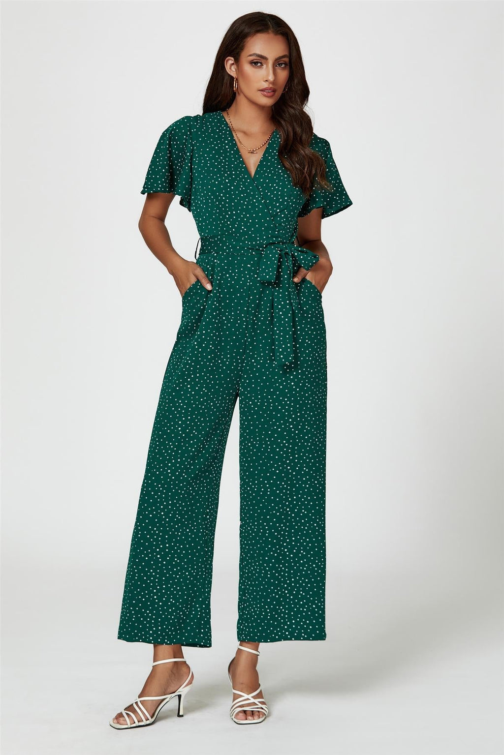 Gepunkteter Wickel-Jumpsuit in Grün