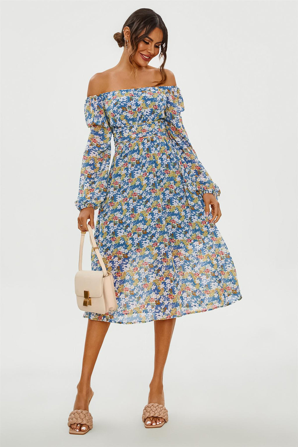 Maxikleid mit Blumenmuster und langen Ärmeln in Blau