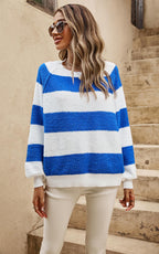 Blue Stripe Relaxed Knit Jumper Top In White