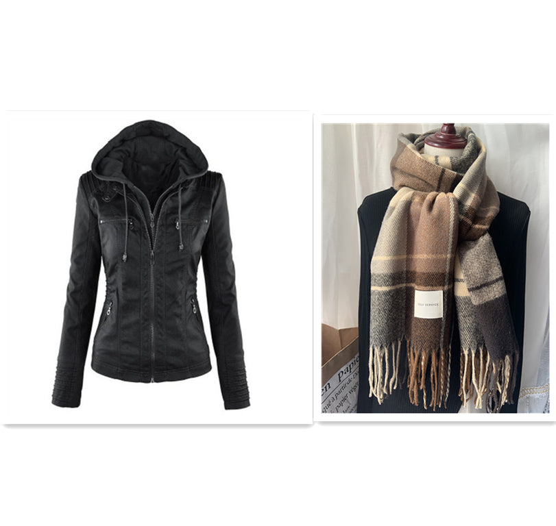 Mode Veste en cuir à capuche détachable avec poches Casual Uni Fermeture éclair Manches longues Veste en cuir Automne Hiver Vêtements pour femmes