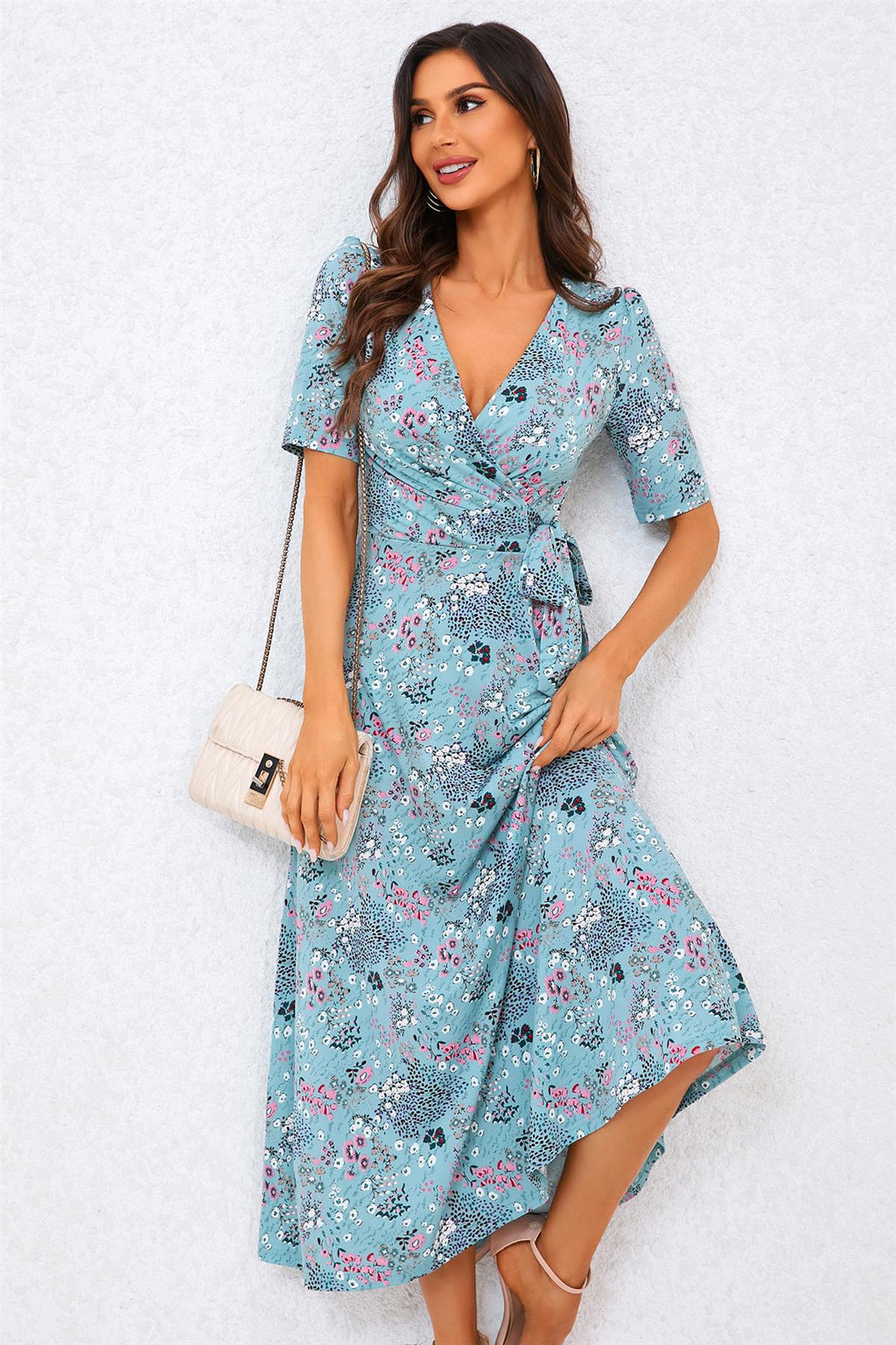 Blumendruck-Jersey-Midikleid in Blau