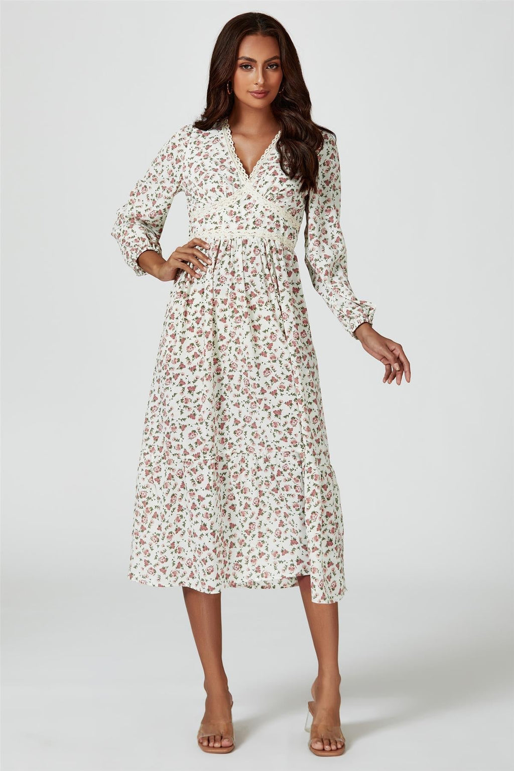 Blumendruck Midi-Langarmkleid in Weiß
