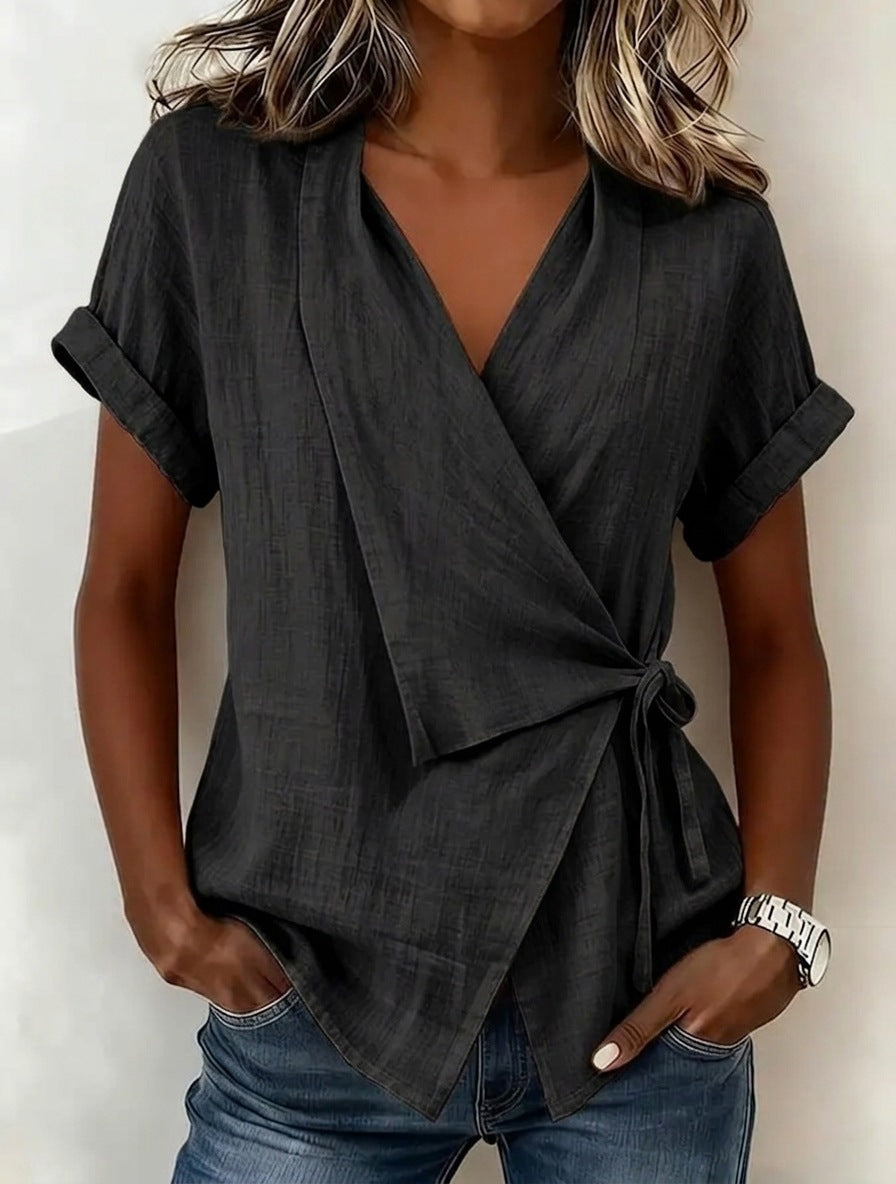 Haut décontracté pour femme à revers et manches courtes, avec lacets