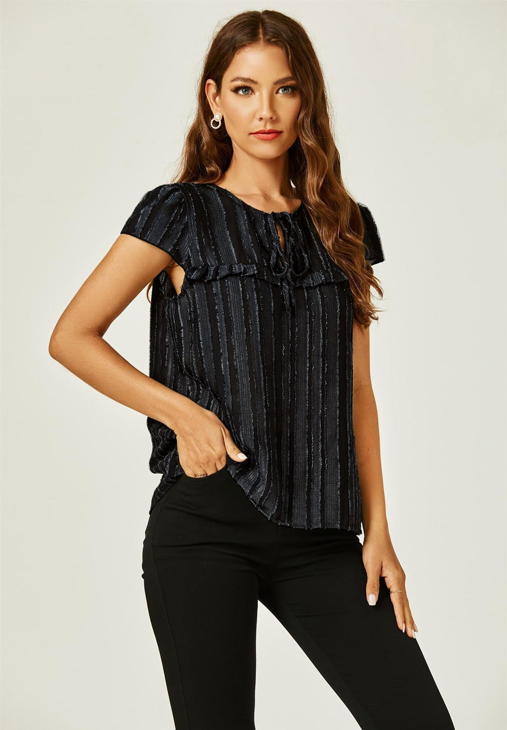 Beflockter Tüll transparentes Top in Schwarz