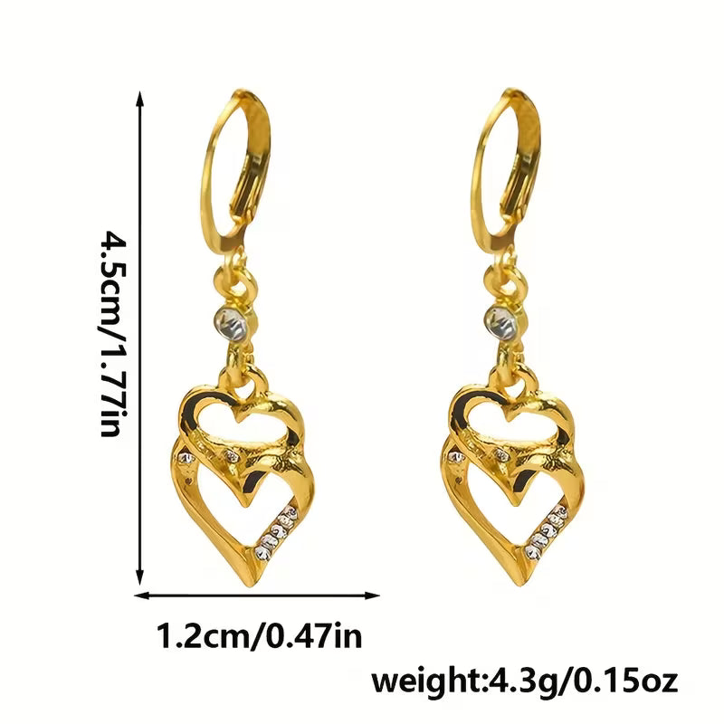 Doppelreihige goldene Herzohrringe, glänzender Trendschmuck für Partys, Teenager