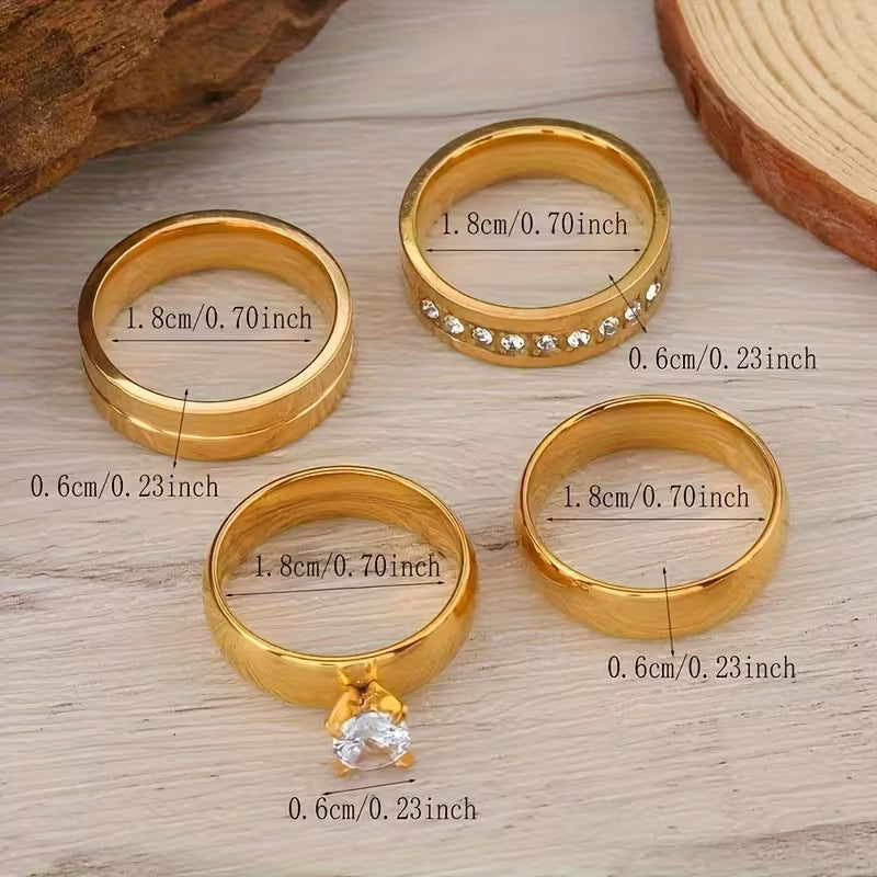 4-teiliges modisches Edelstahlring-Set, schlichte Retro-Ringe, bunte Steine