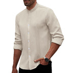 Mens SpringAutumn Small Stand Collar Striped Cardigan Solid Color Long-Sleeve Shirt