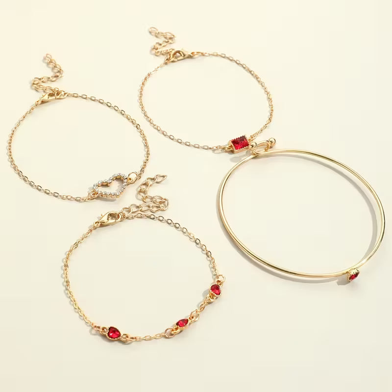 4-teiliges Armbandset aus Legierungskette und Steinen, minimalistisch, herzförmig, quadratisch, Retro-elegant