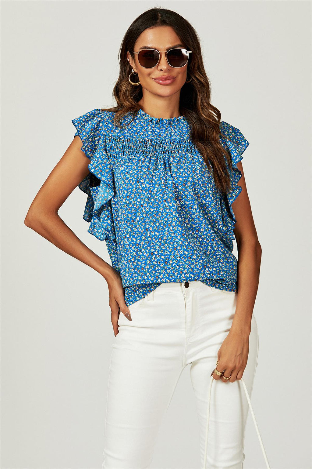 Blumendruck Rüschensaum Kurzarm-Bluse Top in Blau