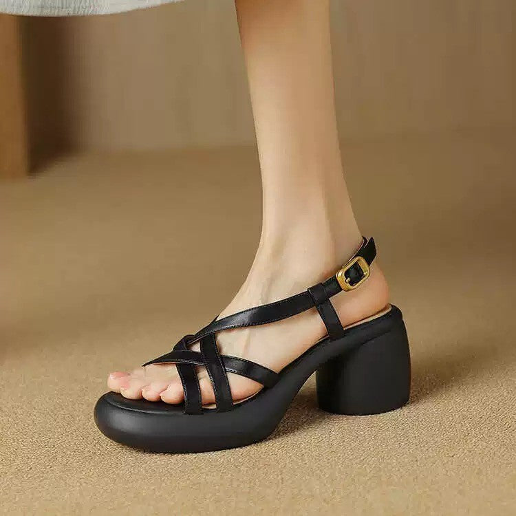 Sandales à talon haut en cuir souple rétro pour femmes à plateforme à bout ouvert